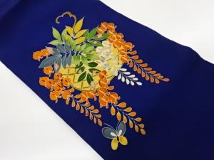 縮緬地手描き友禅籠に藤・蝶模様名古屋帯